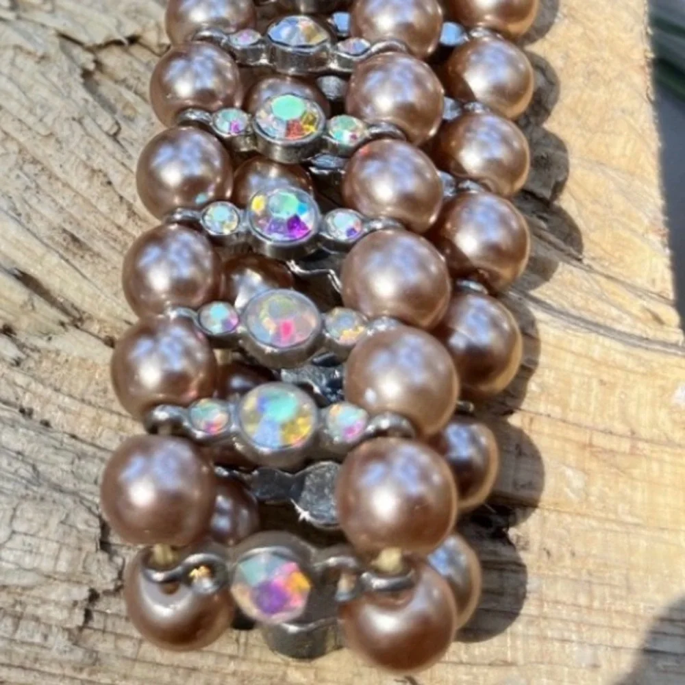 Vintage Champagne Pearl Aurora Borealis Stretch Bracelet Multi Strand - Picture 3 of 3